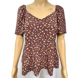 Monteau Brown Floral Peplum Tiered Blouse heart neck Top bell sleeve size M
